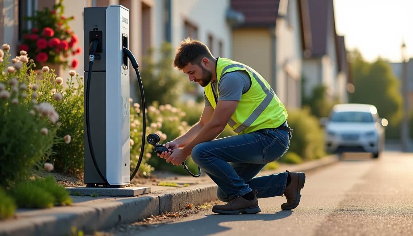 Technicien en train d’installer une borne électrique à Guémar
