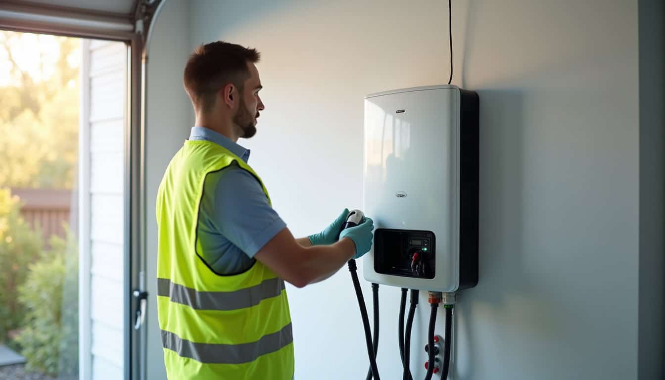 Technicien en train d'installer une borne électrique à Jegun
