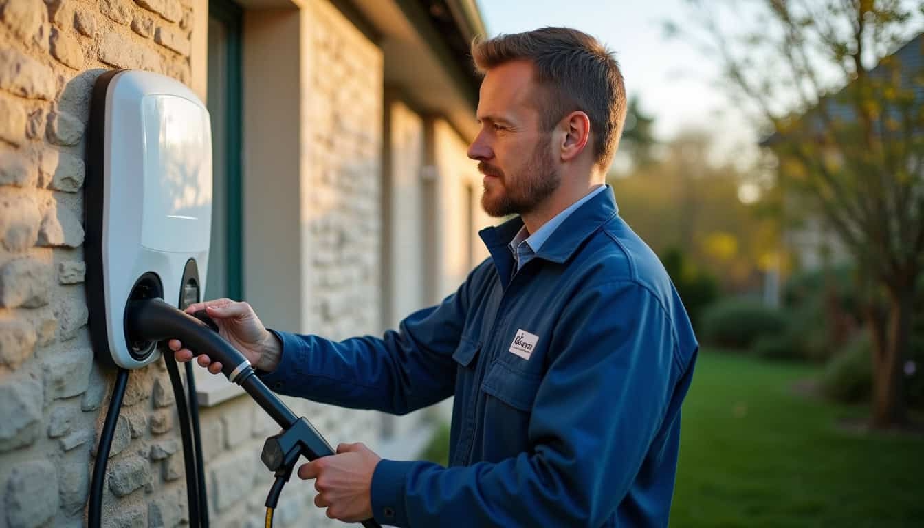 Technicien en train d'installer une borne électrique à Montboucher-sur-Jabron