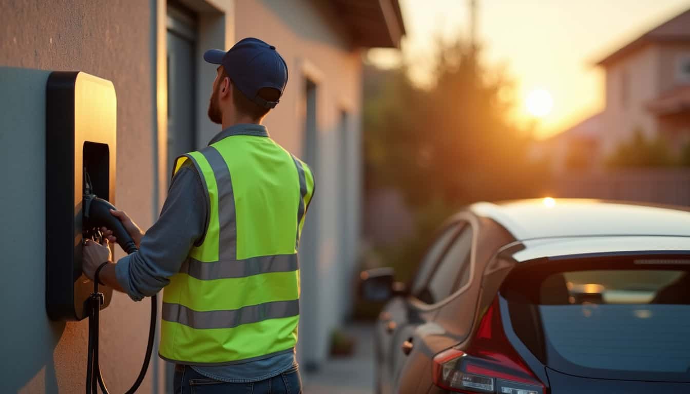 Technicien en train d'installer une borne électrique à Mozac
