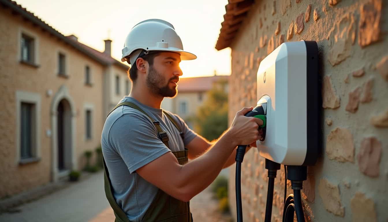 Technicien en train d'installer une borne électrique à Nissan-lez-Enserune