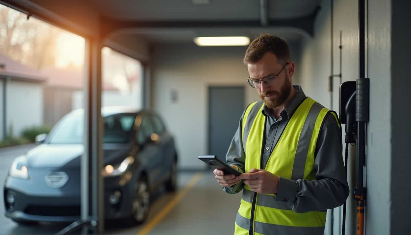 Technicien en train d'installer une borne électrique dans un garage à Hordain