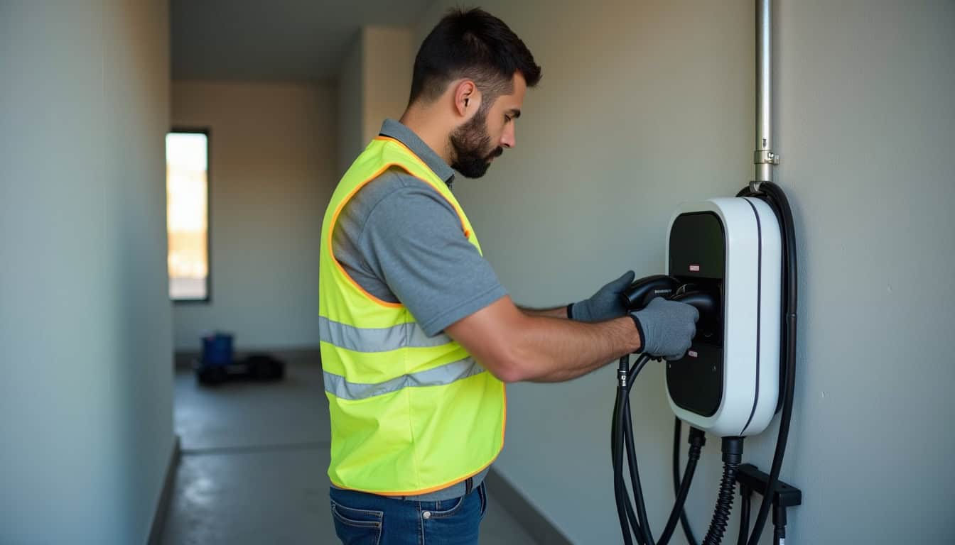 Technicien en train d’installer une borne électrique murale dans un garage à Courlay