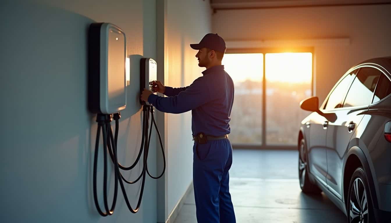 Technicien en train d’installer une borne électrique murale dans un garage à Riquewihr
