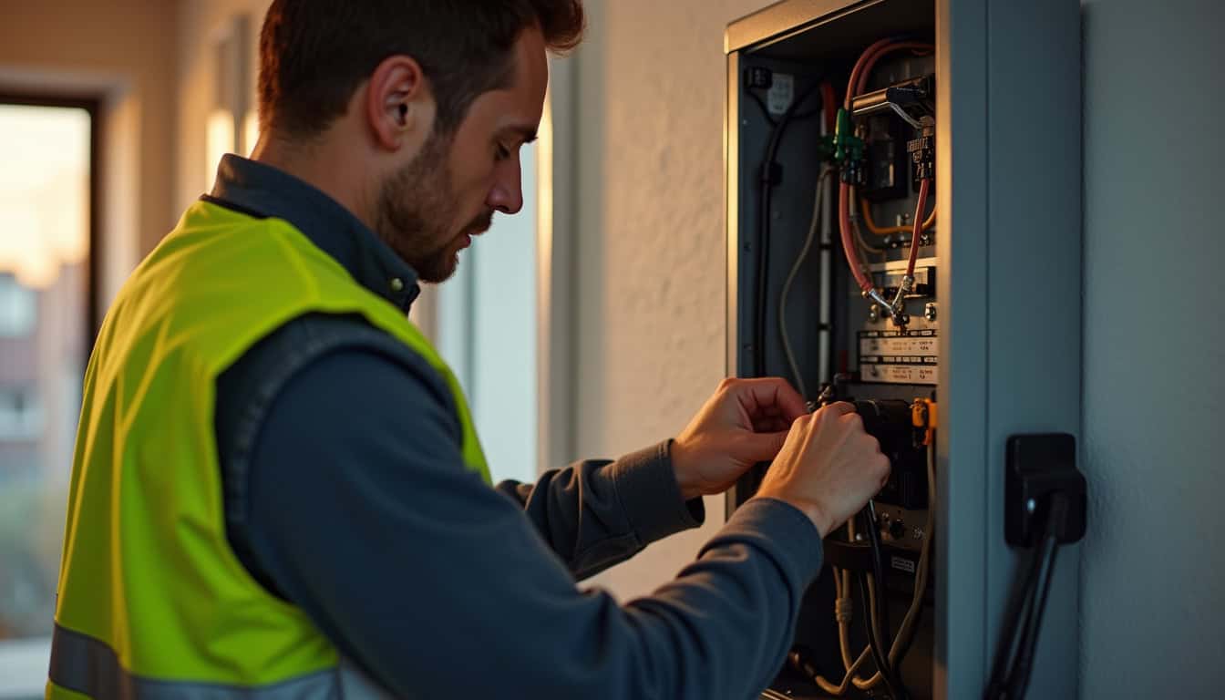 Technicien en train d’installer une borne électrique près du tableau électrique d’une maison