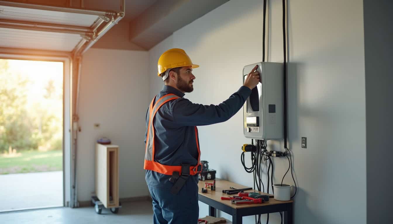 Technicien en train d'installer une borne murale dans un garage à Artemare