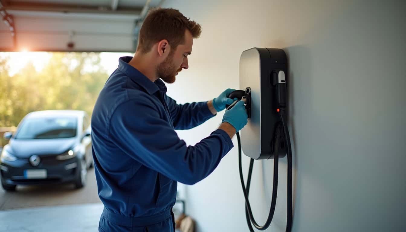 Technicien en train d’installer une borne murale dans un garage à Gallargues-le-Montueux