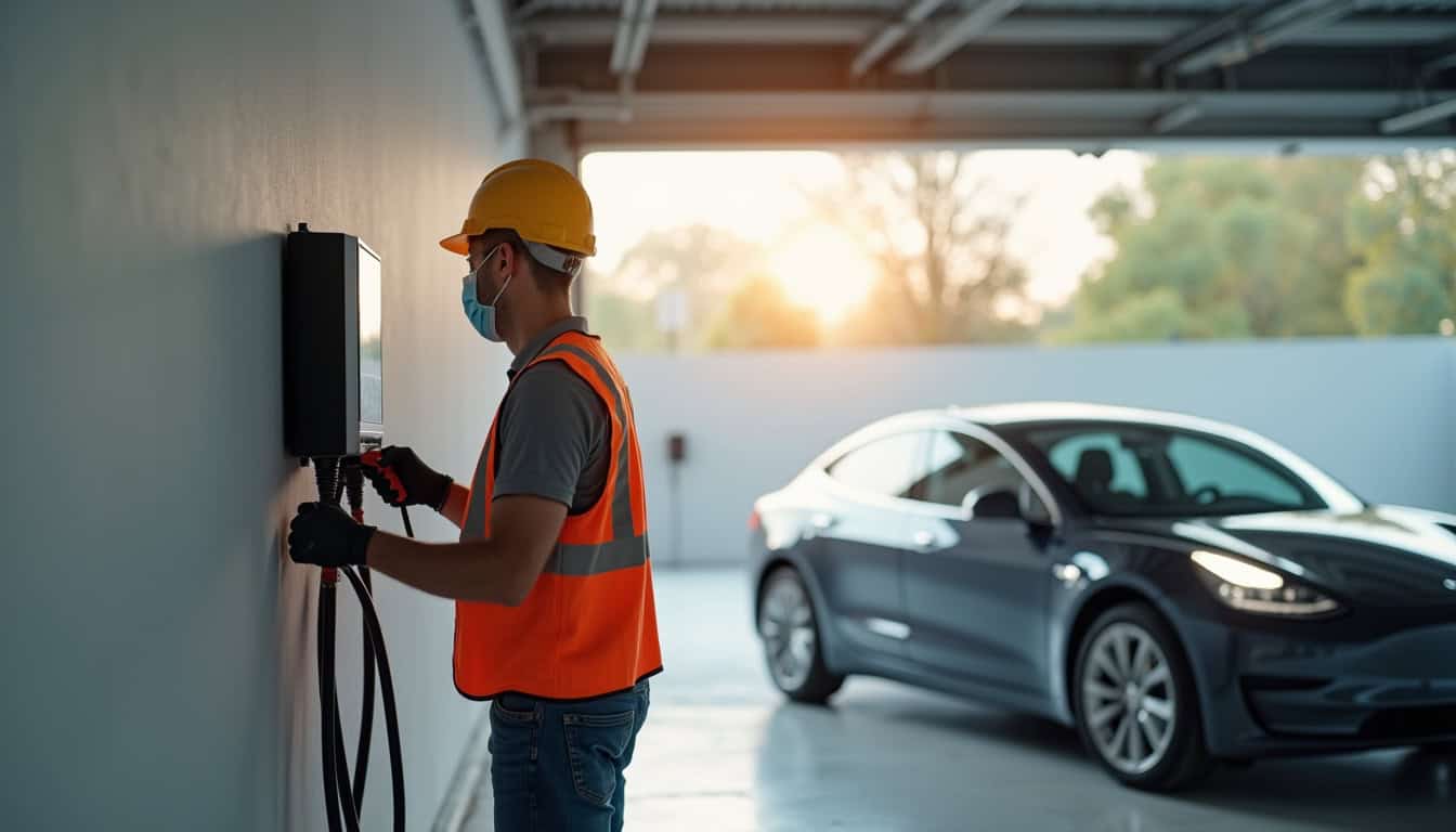 Technicien en train d'installer une wallbox dans un garage à Longpré-les-corps-saints