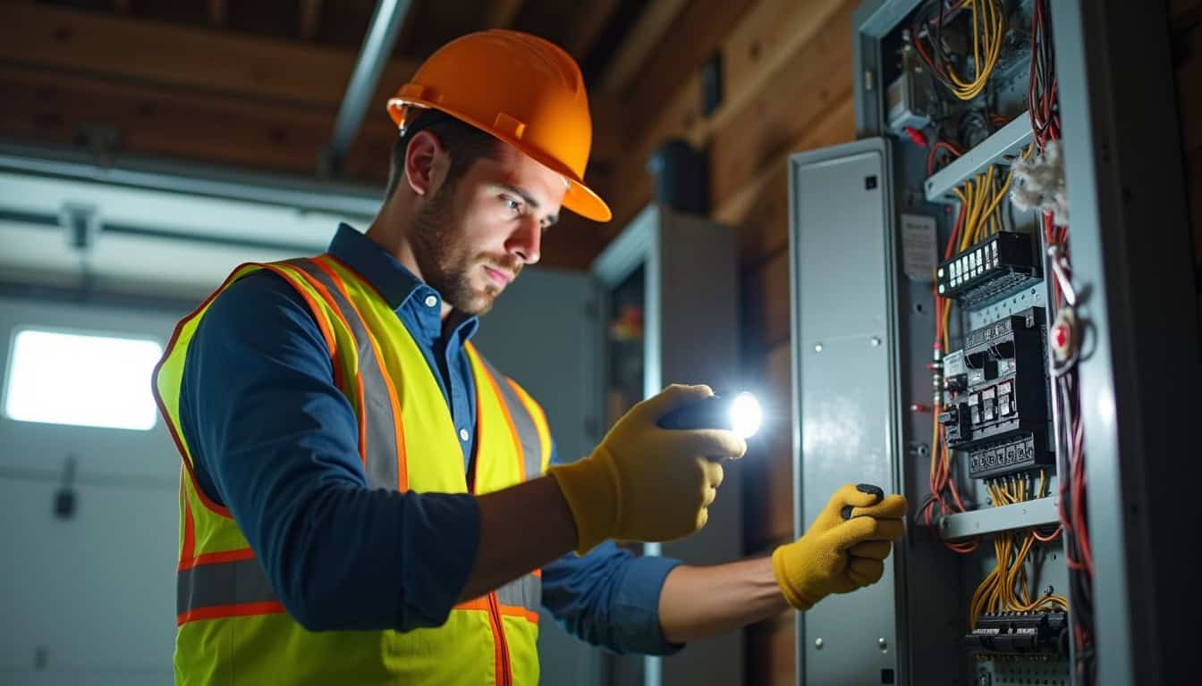 Technicien inspectant un tableau électrique avant l'installation d'une borne de recharge