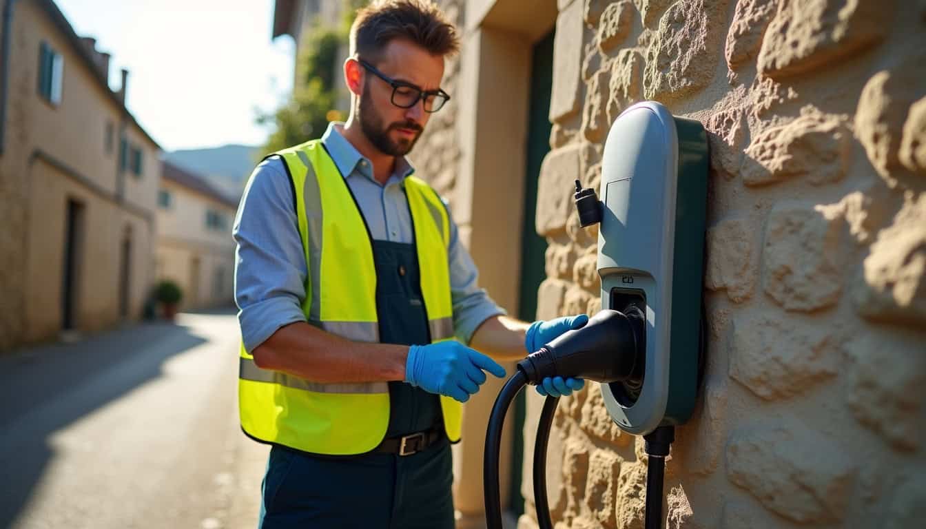 Technicien inspectant une borne de recharge électrique à Saint-Jean-de-Thouars