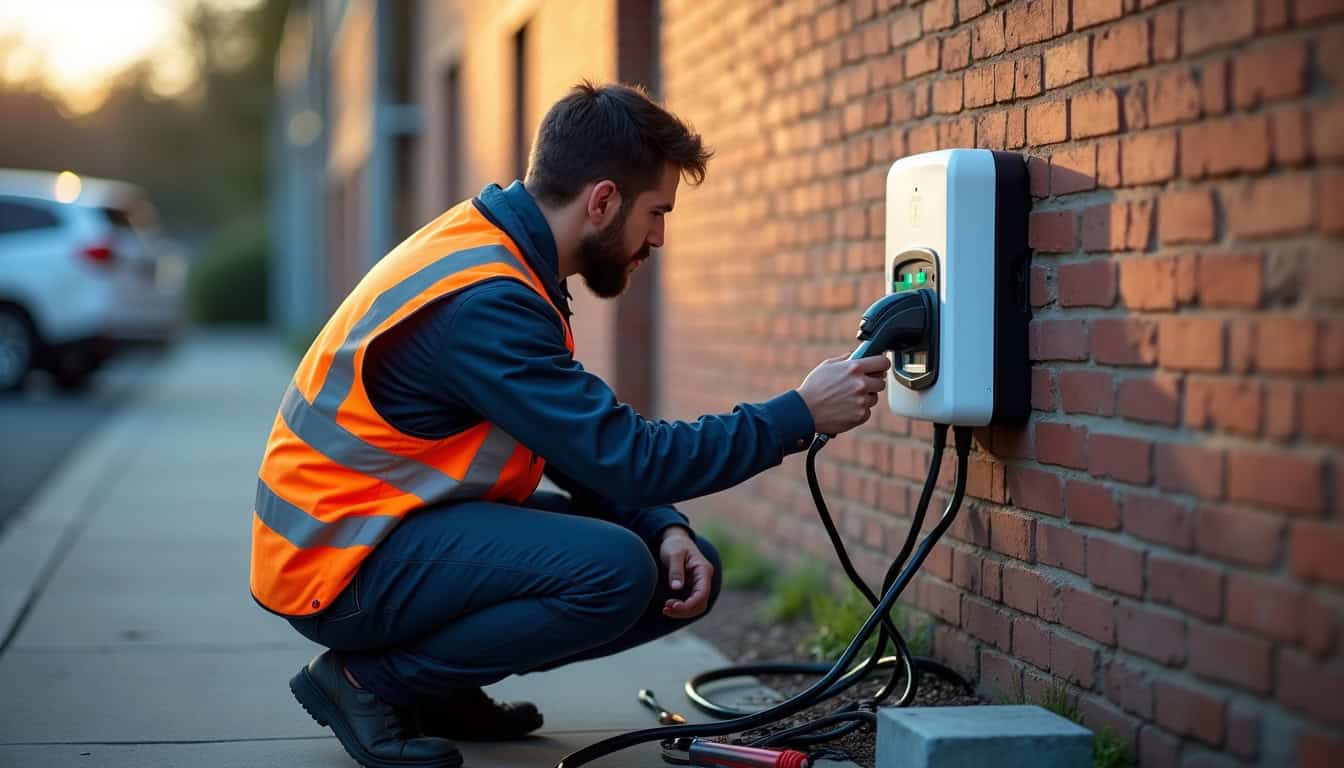 Technicien inspectant une borne de recharge électrique au cours d