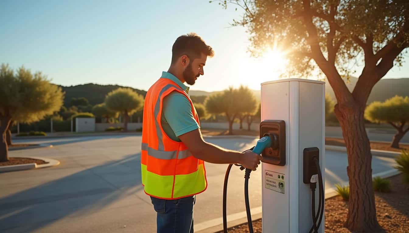 Technicien inspectant une borne de recharge électrique en Vaucluse
