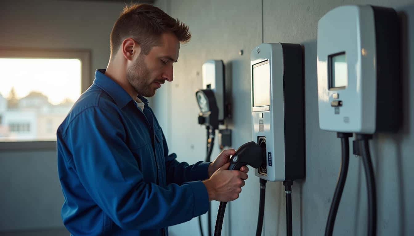 Technicien inspectant une borne de recharge murale dans un garage à Méziré