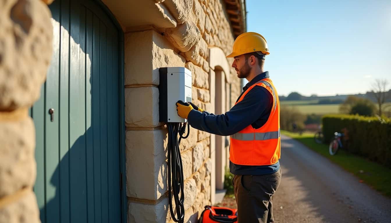 Technicien installateur IRVE en train de poser une borne de recharge à Ouzouer-sur-Trézée