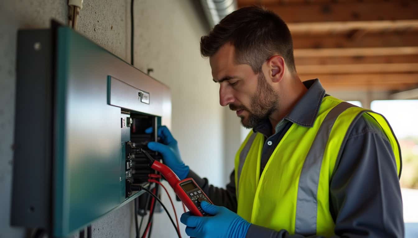 Technicien IRVE effectuant un audit électrique préalable à Montbizot