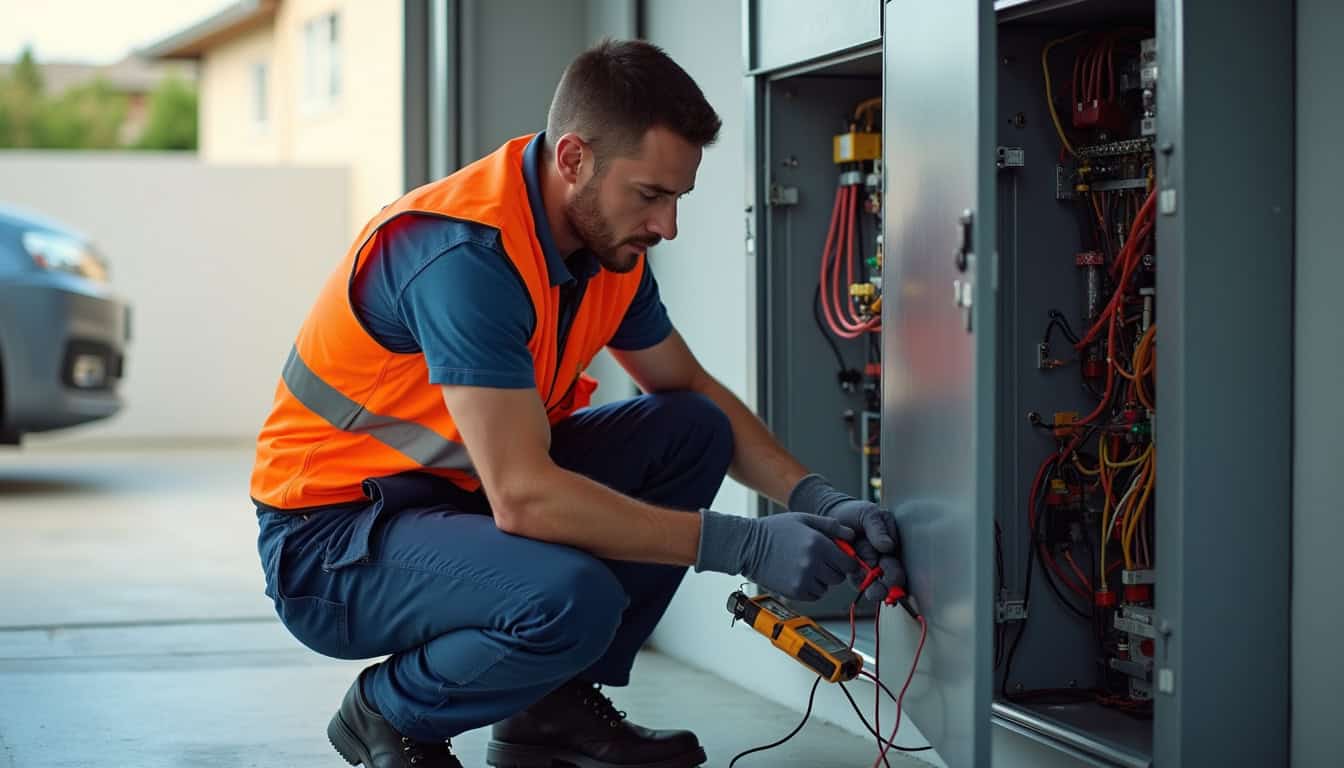 Technicien IRVE effectuant un diagnostic électrique avant installation d'une borne