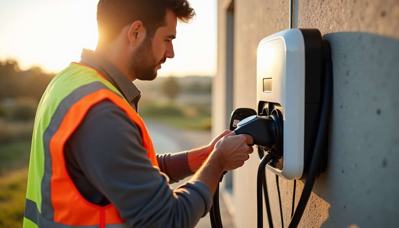 Technicien IRVE en train de fixer une borne de recharge électrique à Sabran