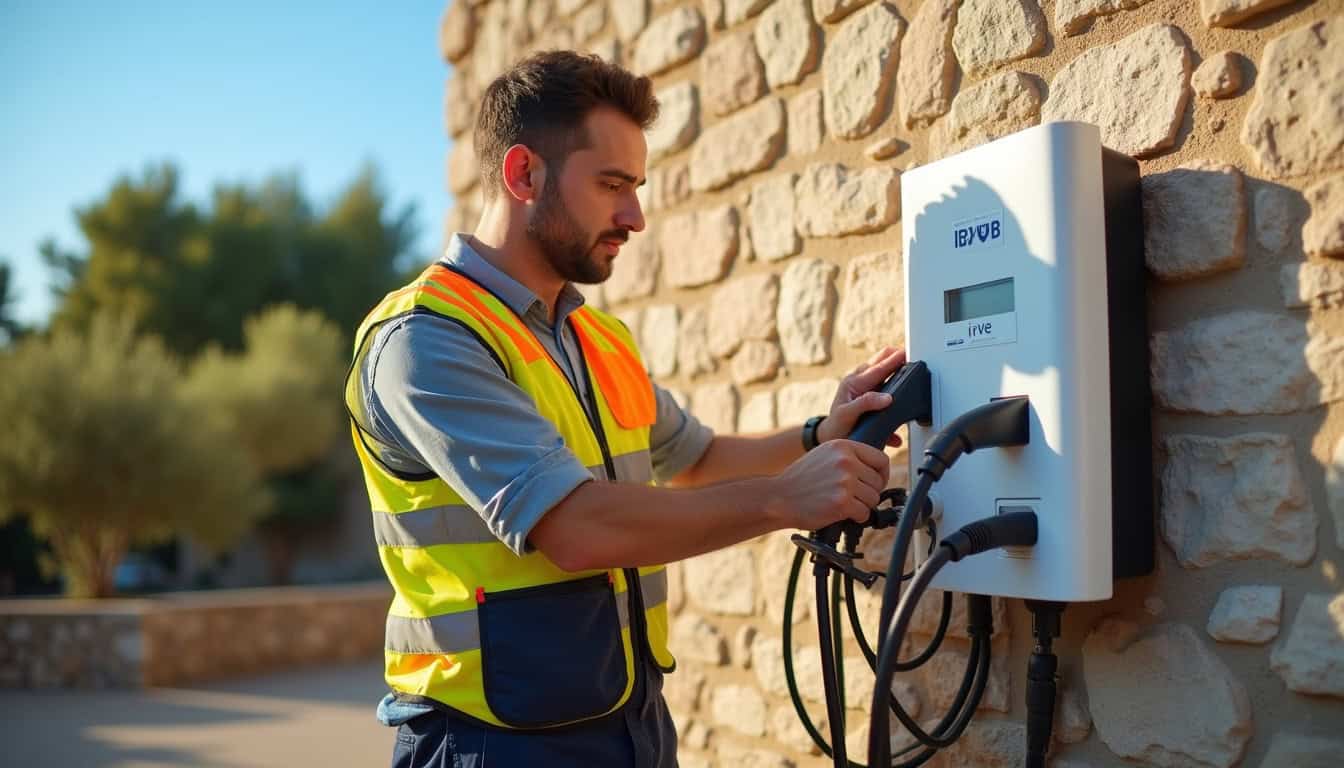Technicien IRVE en train de fixer une wallbox sur un mur extérieur à Conca