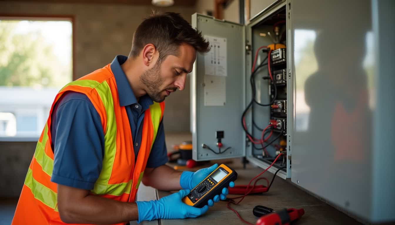 Technicien IRVE en train de réaliser un diagnostic électrique avant installation
