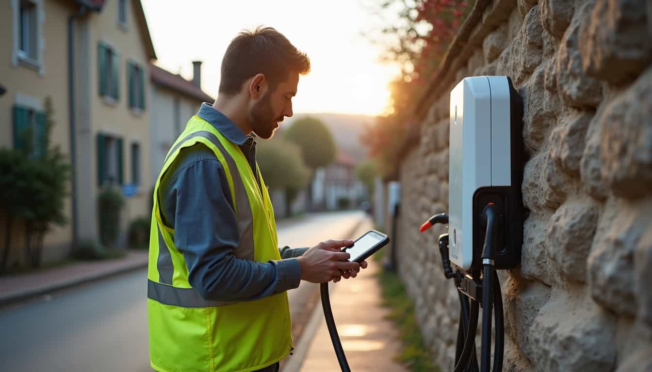Technicien IRVE en train de tester une borne de recharge à Oudon