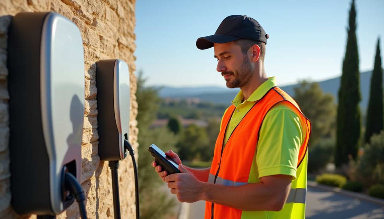 Technicien IRVE en train de tester une borne de recharge à Salles