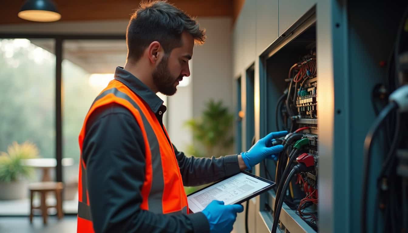 Technicien IRVE en train de vérifier un tableau électrique avant installation d