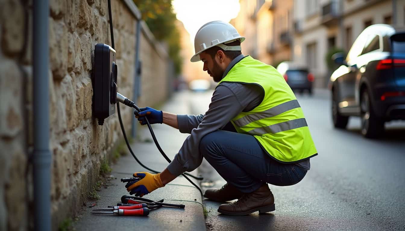 Technicien IRVE en train d’installer une borne de recharge à Bondy