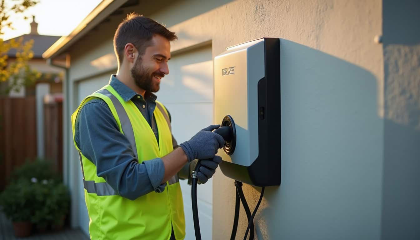 Technicien IRVE en train d'installer une borne de recharge à Contes