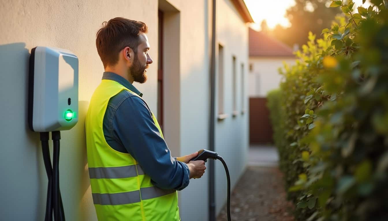 Technicien IRVE en train d'installer une borne de recharge à Courdimanche