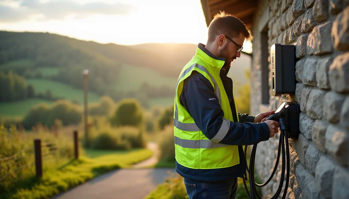 Technicien IRVE en train d'installer une borne de recharge à Lachapelle-aux-Pots