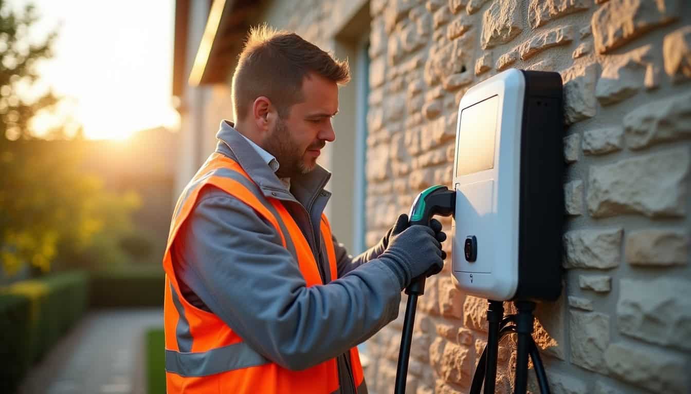Technicien IRVE en train d’installer une borne de recharge à Marssac-sur-Tarn