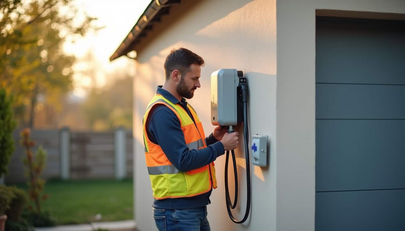 Technicien IRVE en train d'installer une borne de recharge à Mazerolles