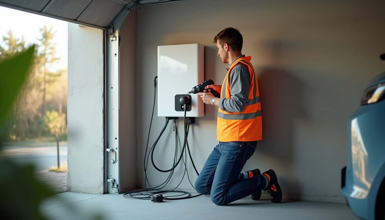 Technicien IRVE en train d’installer une borne de recharge dans un garage à La Ménitré