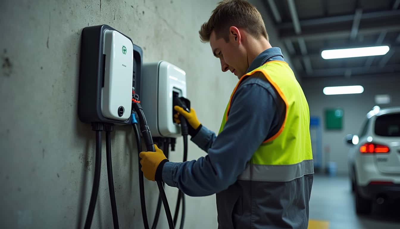 Technicien IRVE en train d'installer une borne de recharge dans un garage