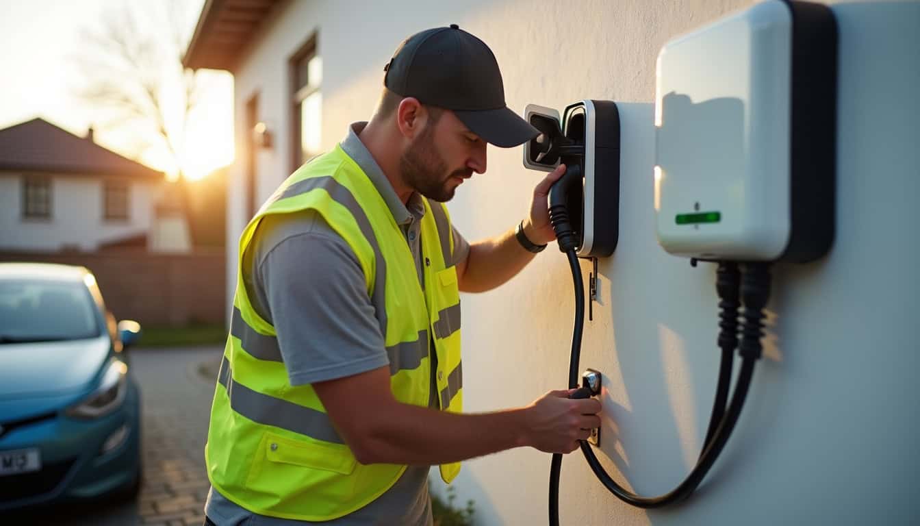 Technicien IRVE en train d'installer une borne de recharge électrique à Baulon