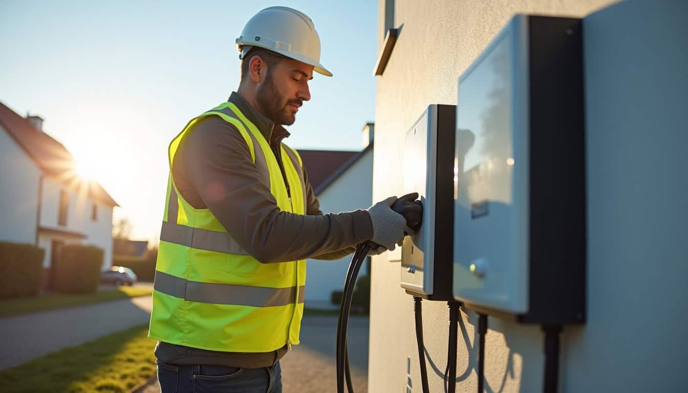 Technicien IRVE en train d'installer une borne de recharge électrique à Sessenheim