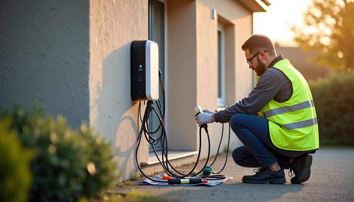 Technicien IRVE en train d’installer une borne de recharge murale à Marolles-en-Hurepoix