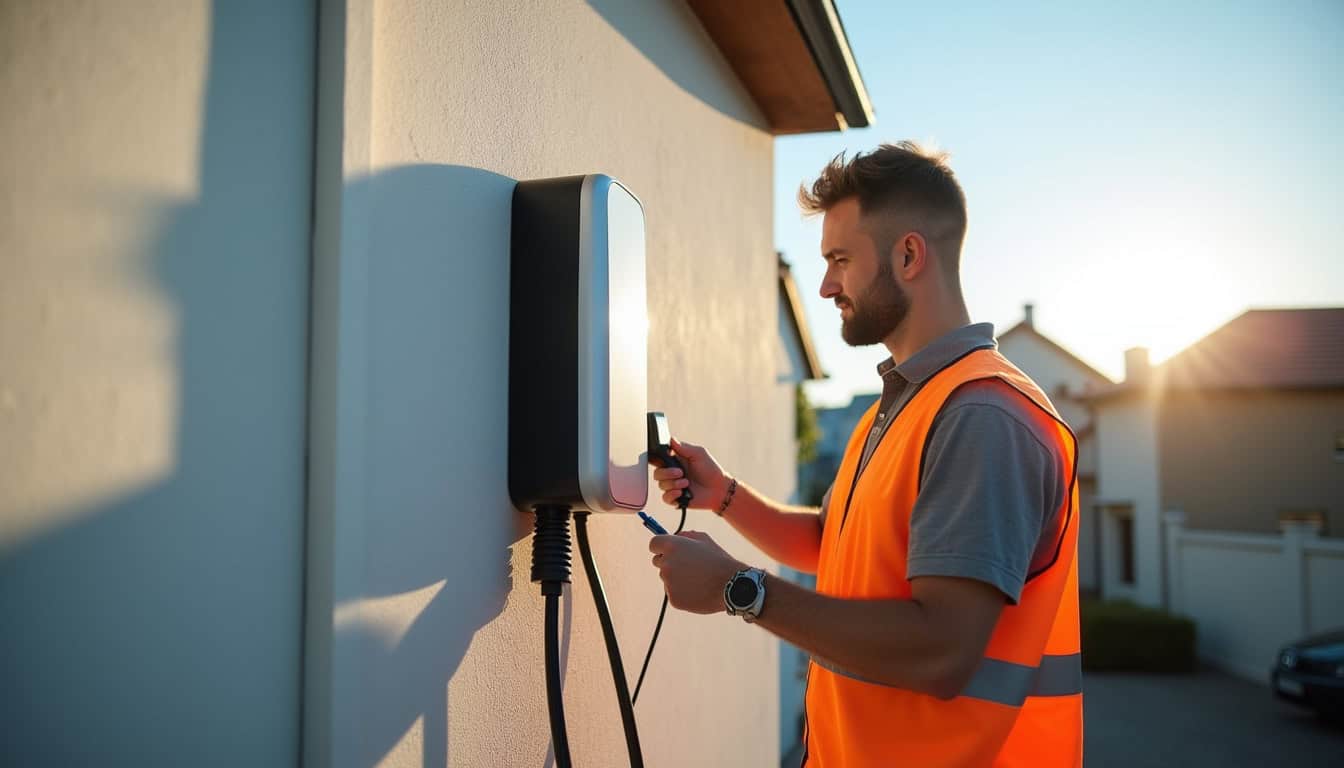 Technicien IRVE en train d’installer une borne de recharge murale à Neuilly-le-Réal