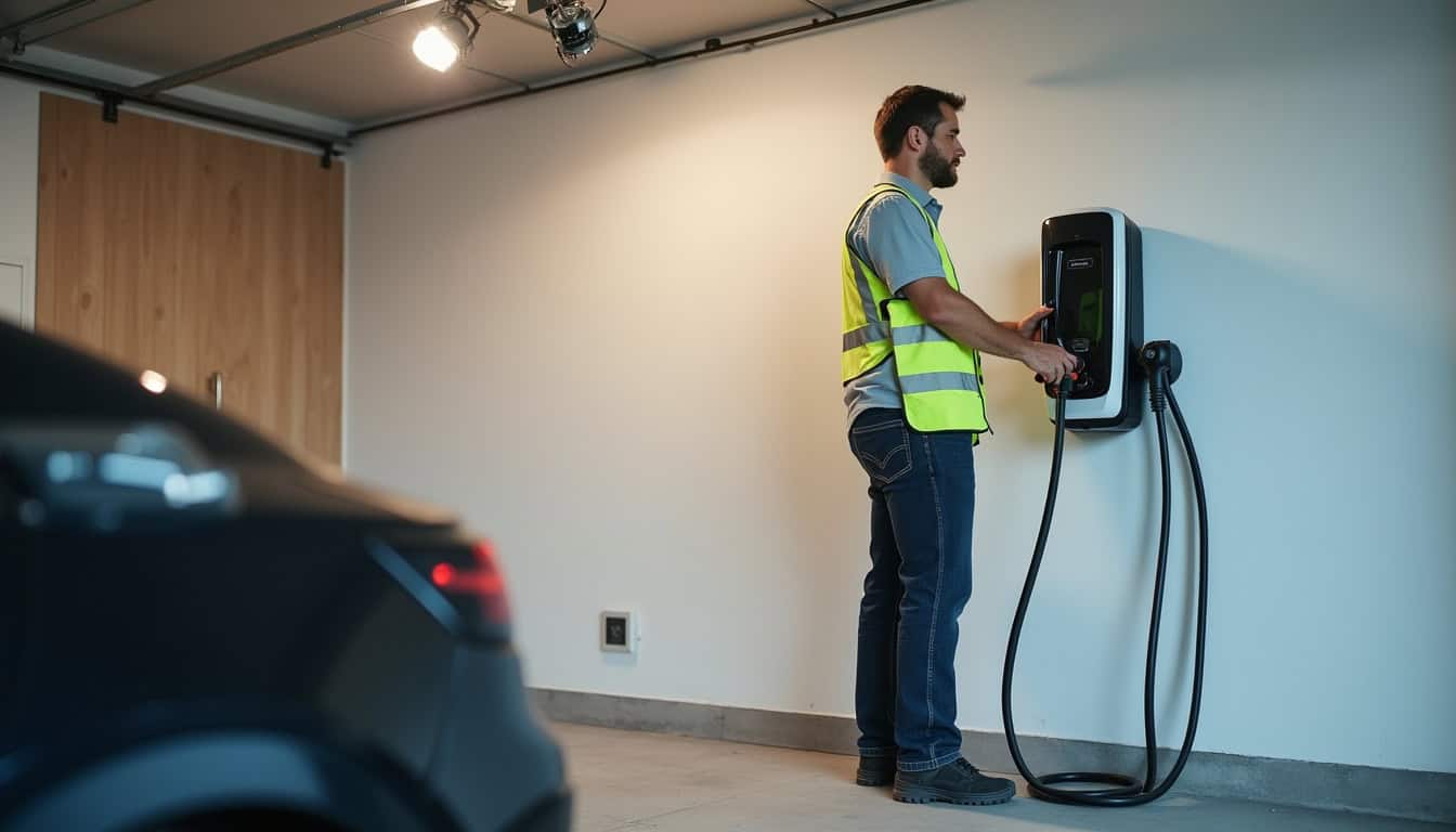 Technicien IRVE en train d'installer une borne de recharge murale dans un garage