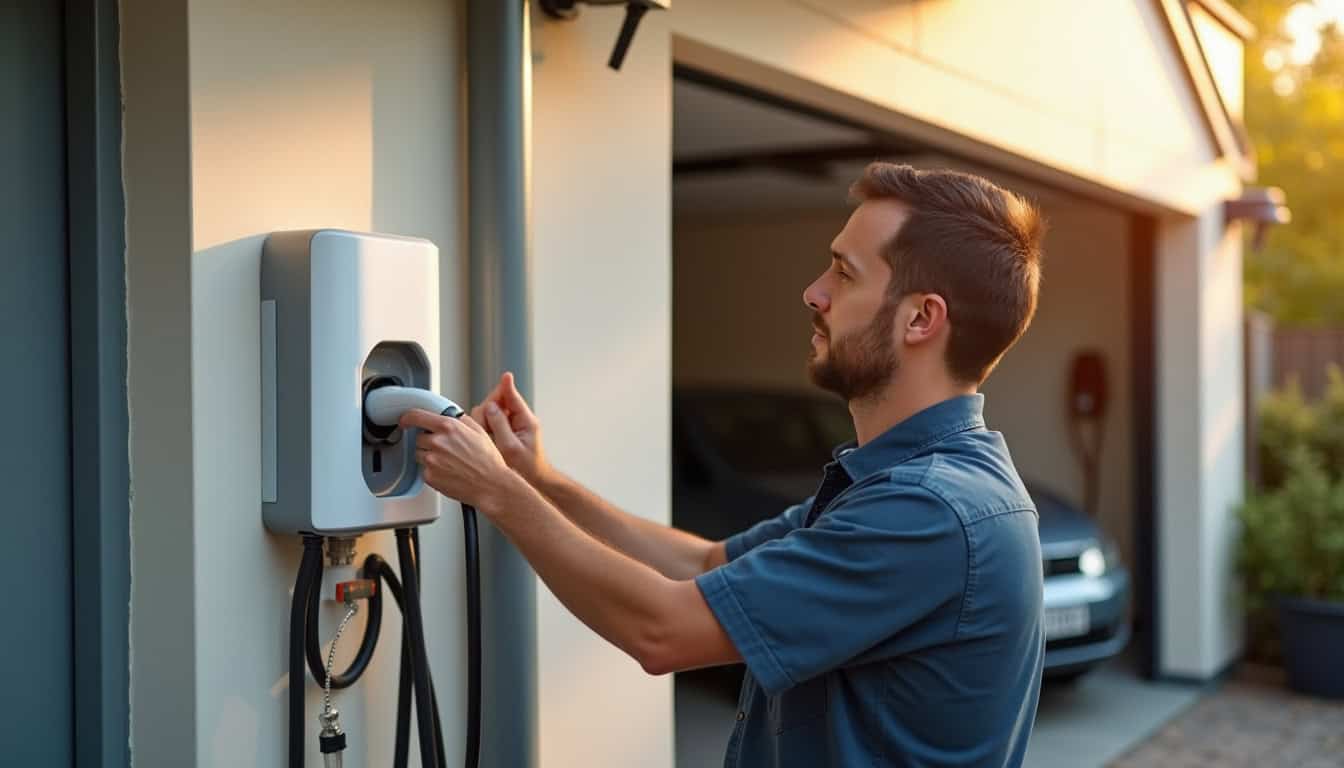 Technicien IRVE en train d’installer une borne de recharge murale devant un garage à Holving