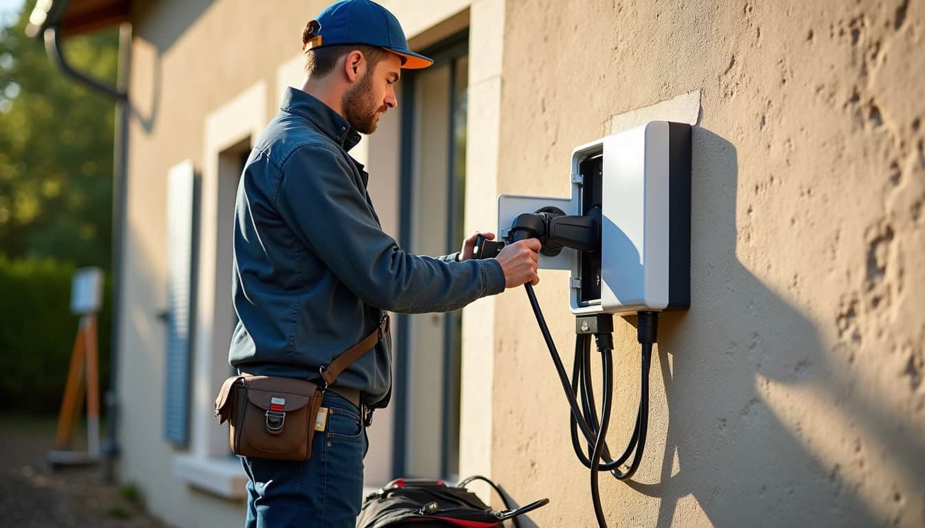 Technicien IRVE en train d’installer une borne de recharge sur un mur extérieur à Saint-Christol
