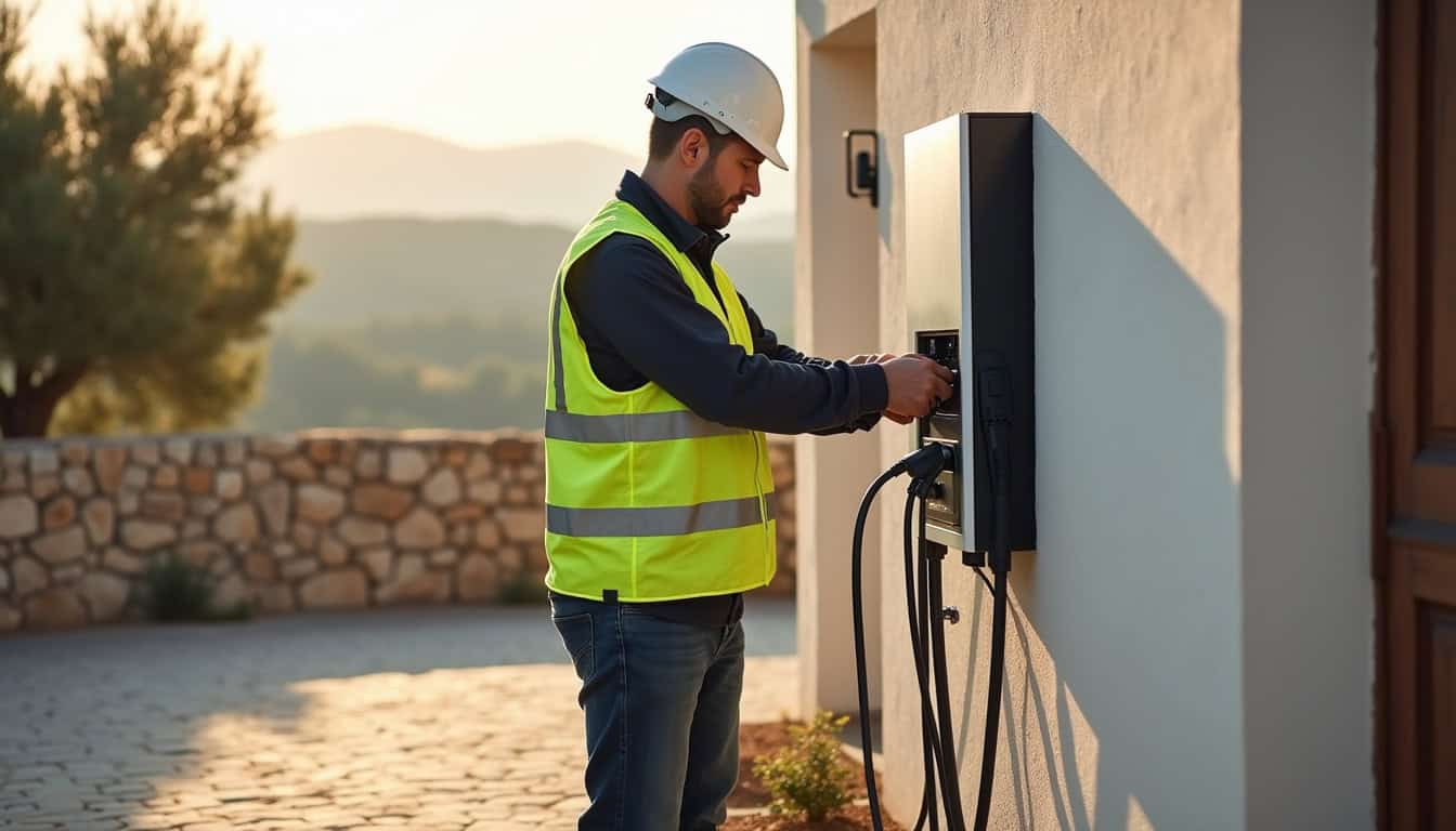 Technicien IRVE en train d’installer une borne électrique à Jonquières