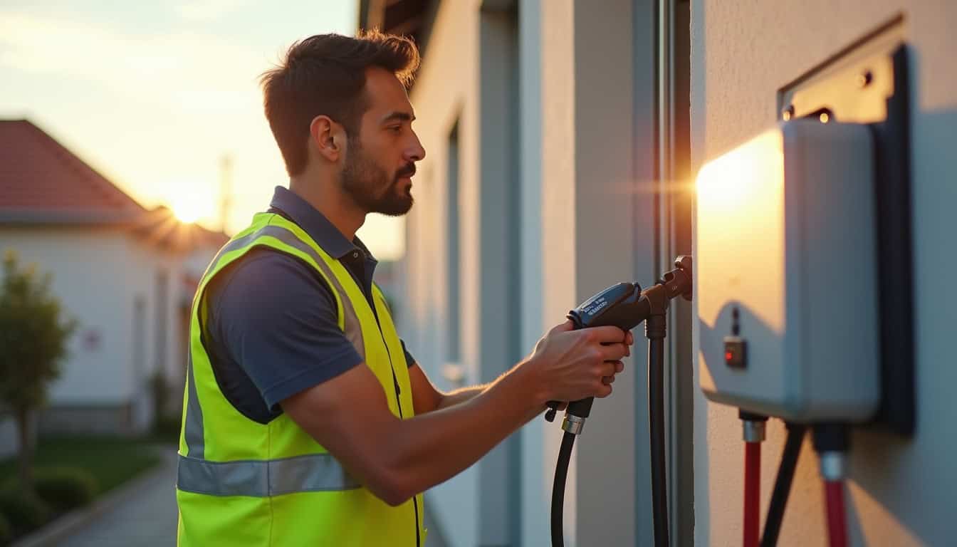 Technicien IRVE en train d'installer une borne électrique à Terranjou