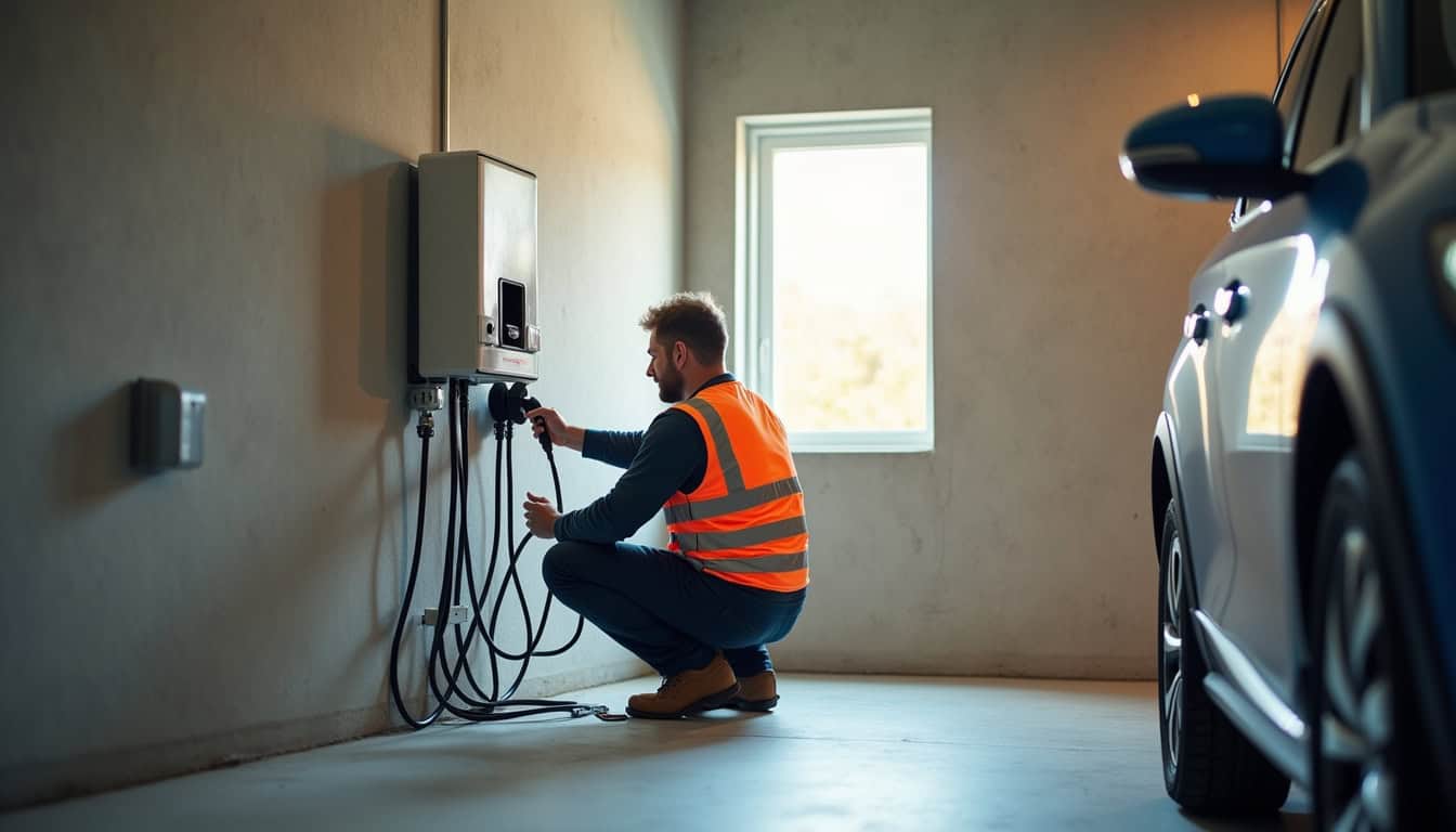 Technicien IRVE en train d’installer une borne électrique dans un garage à Sèvremoine
