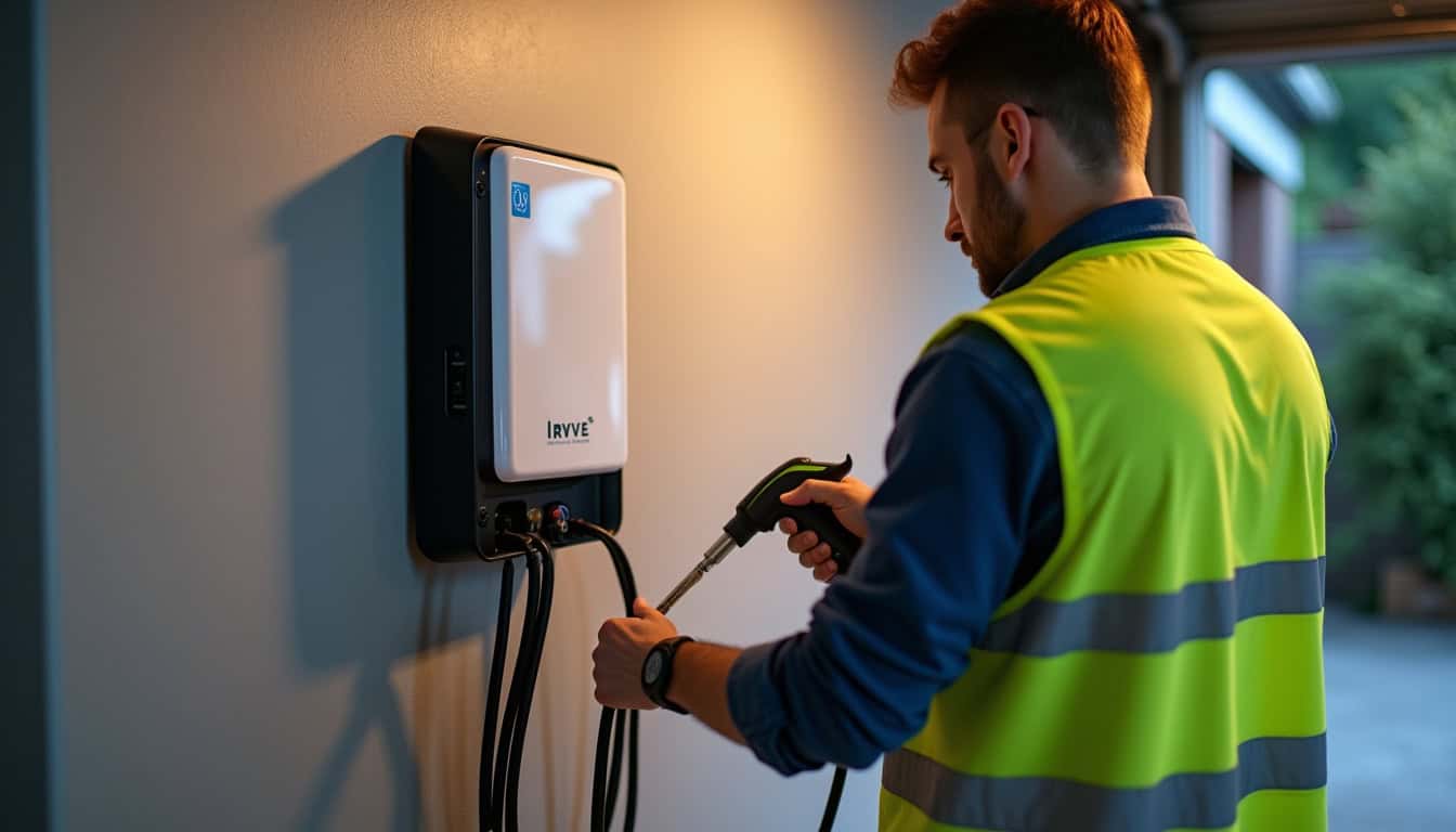 Technicien IRVE installant une borne de recharge murale dans un garage à Brou