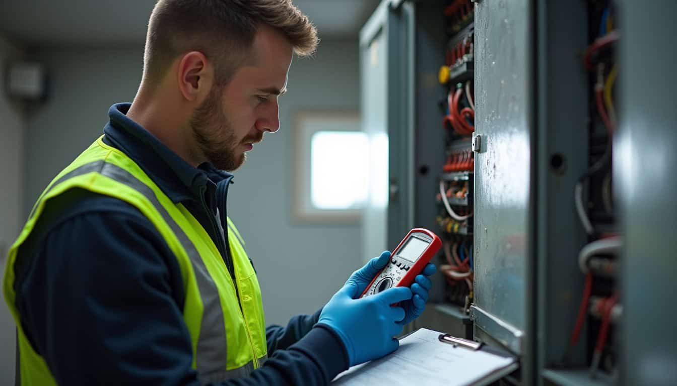 Technicien IRVE réalisant un audit électrique dans un garage à Caen
