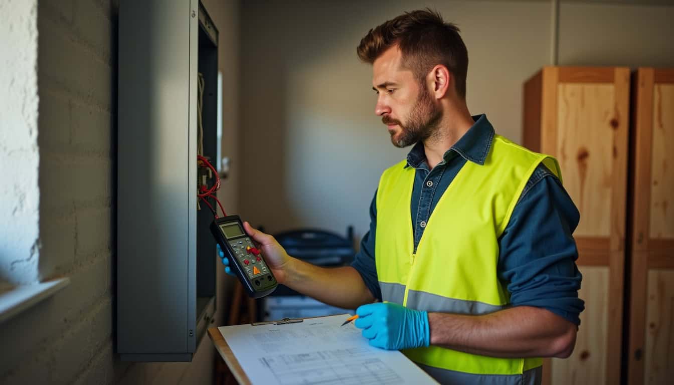Technicien IRVE réalisant un audit électrique préalable à l'installation d'une borne de recharge
