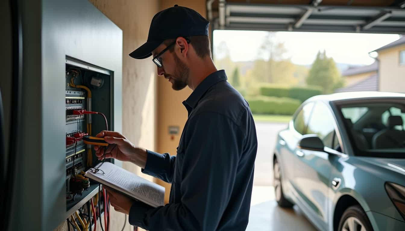 Technicien IRVE réalisant un diagnostic électrique avant installation d'une borne de recharge à Seyches