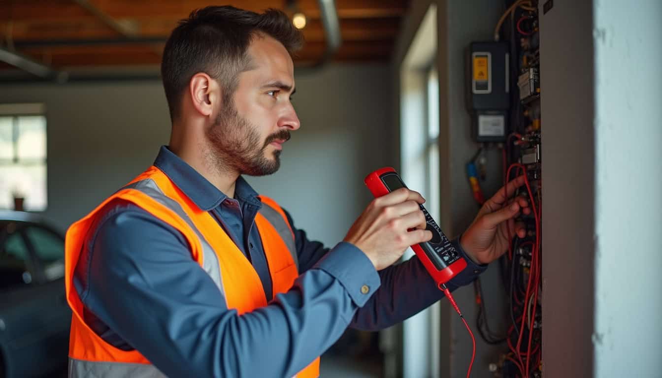 Technicien IRVE réalisant un diagnostic électrique avant l