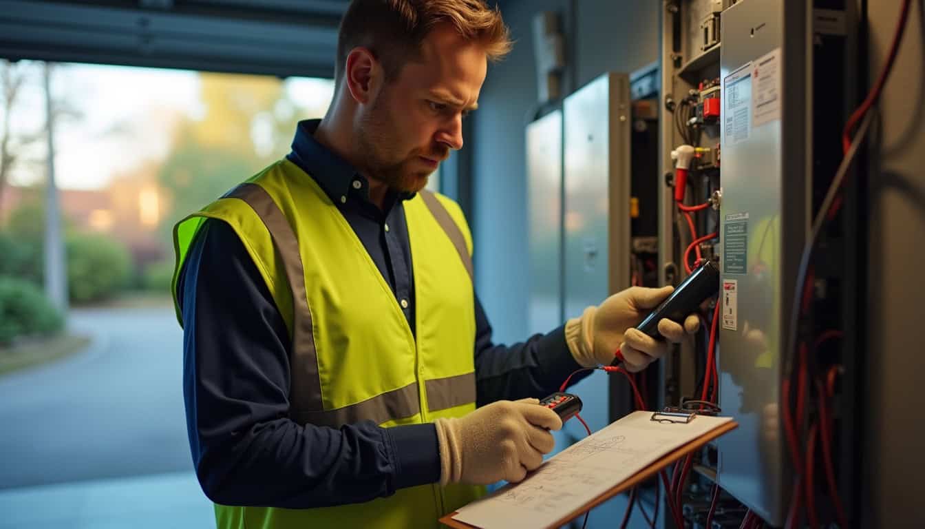 Technicien IRVE réalisant un diagnostic électrique avant l'installation d'une borne de recharge